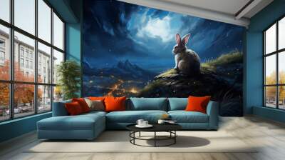 a bunny with bright blue eyes sitting on a hill Wall mural