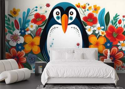 A colorful Penguin with flowers painted on it, a simple flat illustration in white background,This whimsical children's book illustration has a folk-inspired style and clean. Wall mural