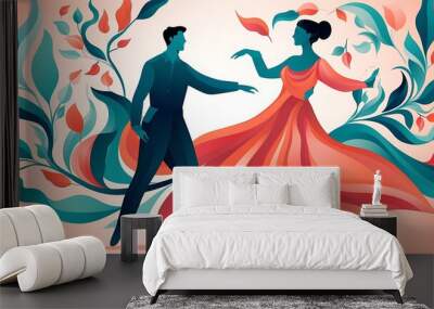 A vector illustration of two people dancing, with swirls and floral patterns,The design features simple shapes, bold lines, and a flat, graphic art style. Wall mural