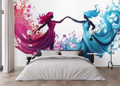 A vector illustration of two people dancing, with swirls and floral patterns,The design features simple shapes, bold lines, and a flat, graphic art style. Wall mural