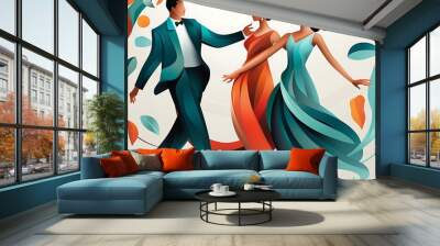 A vector illustration of two people dancing, with swirls and floral patterns,The design features simple shapes, bold lines, and a flat, graphic art style. Wall mural