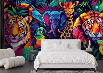 close up of colorful flower,a vibrant sticker featuring a menagerie of jungle animals, each bursting with personality and color 16k ultra HD. Wall mural