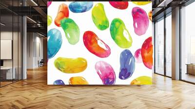 Design an adorable pattern featuring colorful jelly bean shapes on a white background, The design should include vibrant colors like reds, yellows, greens, pinks, Wall mural