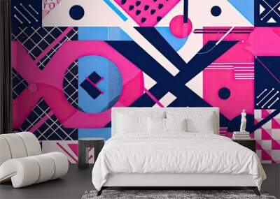 Design an artwork featuring the letters X O X in bold, geometric shapes and patterns in the style of Bauhaus design style. Use pink as the dominant color with blue accents. Wall mural