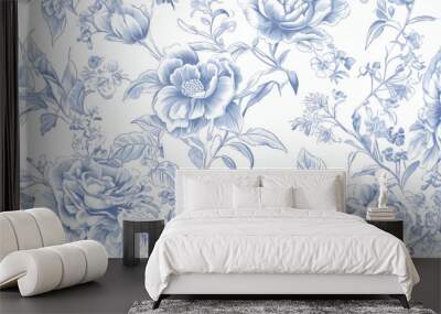 French toile floral line art pattern on a white, abstract floral background. Generative Ai content	 Wall mural