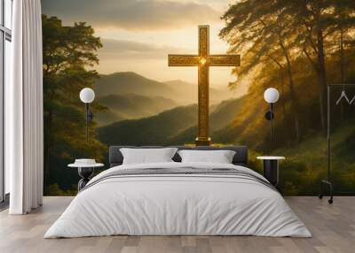 Holy cross symbolizing the death and resurrection of jesus christ with dramatic sky view Wall mural