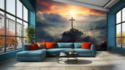 Holy cross symbolizing the death and resurrection of jesus christ with dramatic sky view Wall mural