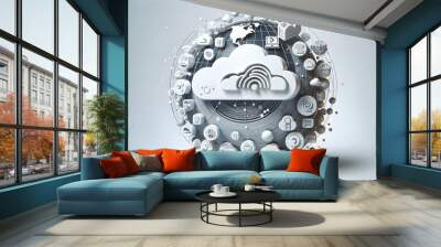 3d flat icon as Cloud Innovation Sphere A sphere of innovation with cloud computing icons symbolizing a world of possibilities. in Digital Cloud Computing background theme with isolated white backgrou Wall mural