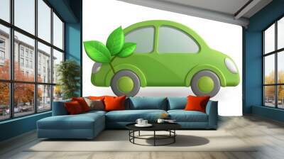 3d Flat icon as EV car with a green leaf symbol symbolizing eco friendliness with ample space for text. concept as An EV car with a green leaf symbol representing eco friendliness and environmental su Wall mural