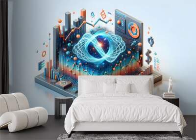 3d flat icon as Quantum Growth An ad with quantum computing graphics intertwined with financial growth charts. in financial growth and innovation abstract theme with isolated white background ,Full de Wall mural