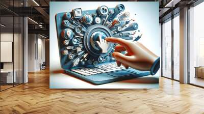 3d flat icon as Tech Navigator Close up of a hand navigating abstract icons on a laptop screen. in business innovation abstract theme with isolated white background ,Full depth of field, high quality  Wall mural