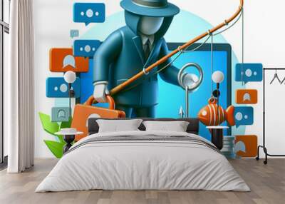 3D flat icon for business as Phishing Predator A cyber fisherman hooking sensitive information from a sea of data. in online security threats theme with isolated white background ,Full depth of field, Wall mural