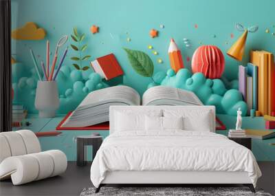 3D flat icon of an open book surrounded by school supplies, symbolizing the excitement of back to school. Ample space for text or graphics on a whimsical background. Isolated on a white background. Wall mural