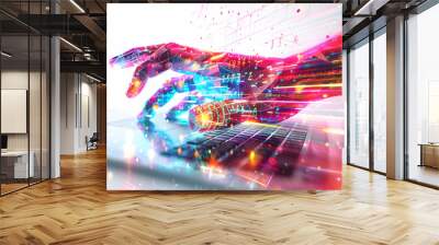 3D Flat Icon of Creative Coding Hand with Abstract Graphics on Laptop for Business Innovation Wall mural