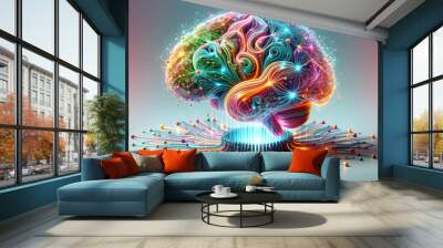 3D Glowing abstract brain with neural connections representing AI driven management concept as A dynamic close up shot of a glowing abstract brain with neural connections symbolizing AI driven managem Wall mural