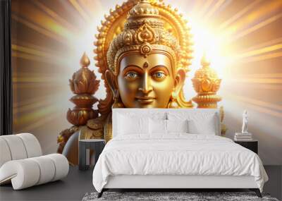 3D Glowing Deity Statue concept as Mid shot of a deity statue glowing in a soft golden light inside a temple with a glossy finish on the statue enhancing the divine and serene atmosphere perfect for D Wall mural