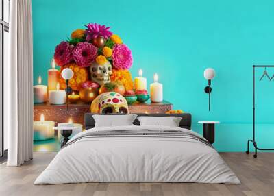 3D Glowing Digital Ofrenda with Neon Light Effects concept as A vibrant digital artwork featuring a glowing ofrenda with neon light effects and abstract patterns representing the traditional offerings Wall mural