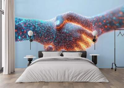 3D Glowing Handshake Community Web Concept Holographic Handshake Energy Streams Network Connections Icon White Background Copy Space Wall mural