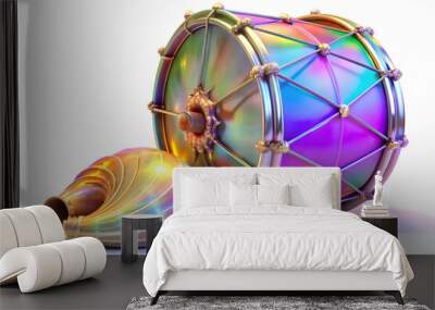 3D Holographic Drum and Conch with Sound Text concept as A dynamic photo featuring a glowing holographic drum and conch symbolizing the sound of celebration during Dussehra. The design includes ample  Wall mural