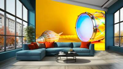 3D Holographic Drum and Conch with Sound Text concept as A dynamic photo featuring a glowing holographic drum and conch symbolizing the sound of celebration during Dussehra. The design includes ample  Wall mural