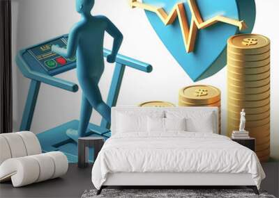 3d icon as treadmill and coin stack concept as a treadmill and a stack of coins combining physical f Wall mural