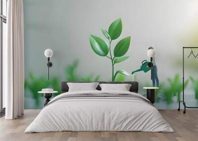 3D Icon Person Watering Money Plant concept as A person watering a plant growing money with a clean background offering ample space for text or graphics symbolizing financial growth through sustainabl Wall mural