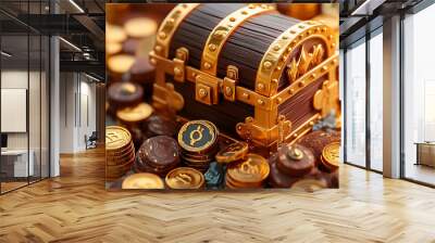 3D Icon Vector of Coin Stack and Treasure Chest with Dhanteras Text - Camera Movement Zoom into Detailed Elements with Glossy Textures Highlighting Wealth and Prosperity Theme on Isolated White Backgr Wall mural