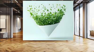 3D Levitating Green Innovation Funnel Concept Tracking Shot Floating Funnel Transforming Ideas Sustainable Solutions ESG Business Strategies 3D Icon Isolated White Background Wall mural