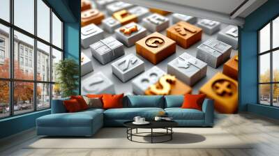 3D Minimalist Tiles Abstract Currency Discount Icons Seamless Pattern Modern Financial Advertising Design Copy Space Wall mural