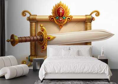 3D Ramayana Scroll and Sword concept as Vector illustration of an ancient scroll with a sword isolated on a white background symbolizing the wisdom and strength from the epic Ramayana during Dussehra  Wall mural