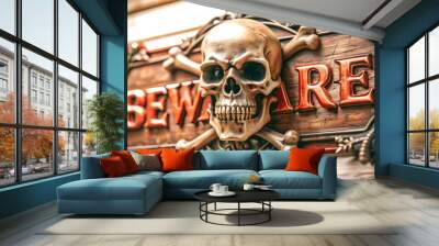 3D Skull and Crossbones Border with Beware Text concept as A dark and eerie border frame featuring skulls and crossbones at the edges with the word Beware in a sharp gothic font. The design includes g Wall mural