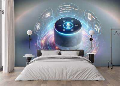 3D Smart home speaker with holographic voice commands floating concept as A smart home speaker is centered in the frame with holographic voice command options floating above. The scene is captured fro Wall mural