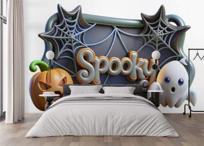 3D Spider Web and Ghost Border with Spooky Text concept as A sleek border frame featuring spider webs and ghosts around the edges with the word Spooky in a bold eerie font. The design includes ample c Wall mural