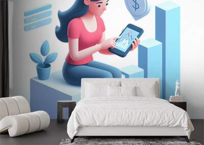 A 3d flat icon of business and financial concept A woman using a smartphone app to track her stock portfolio and manage finances with isolated white background and business tone Wall mural