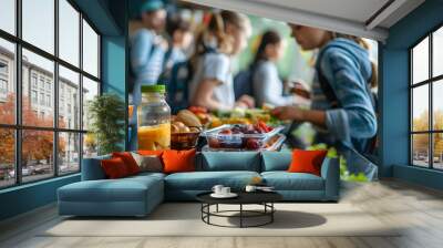 Back to School Prep: Photo Realistic Image of Parents Preparing School Lunches with Care and Effort on a High Resolution Glossy Backdrop for New School Year Concept Wall mural