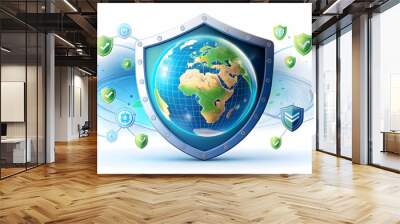 Dynamic Flat Illustration: Glossy Earth and Shield with Climate Protection Symbols - Global Impact Data Concept in Smart Business Tone. Ideal for Climate Protection Campaigns. Simple Flat Vector Desig Wall mural