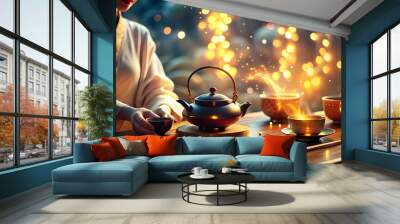 Enchanting Glowing Tea Ceremony at Mid Autumn Festival - Digital Abstract Art Piece Capturing Serene Atmosphere and Swirling Lights in Close-Up Shot of Tea Set and Hands Wall mural