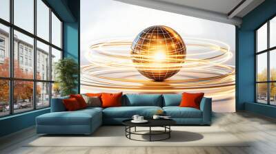 Flat Floating quantum sphere with light trails on an isolated white background concept as A glowing quantum sphere hovering mid air with light trails spiraling around it all set against a white backgr Wall mural