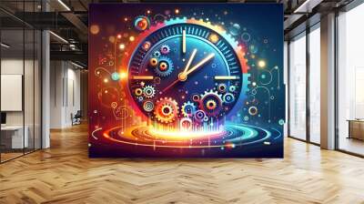 Flat Glowing abstract clock with shifting gears representing time management concept as A close up shot of a glowing abstract clock with shifting gears inside symbolizing time management and operation Wall mural