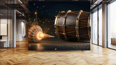 Flat Holographic Drum and Conch with Sound Text concept as A dynamic photo featuring a glowing holographic drum and conch symbolizing the sound of celebration during Dussehra. The design includes ampl Wall mural