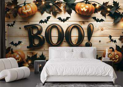 Flat Jack o Lantern and Bat Border with Boo  Text concept as A vibrant border frame featuring glowing jack o lanterns and bats flying around the edges with the word Boo  in a playful font at the top.  Wall mural