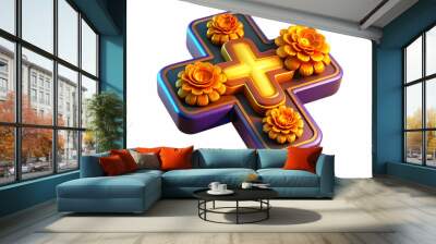 Flat Neon Cross with Digital Glowing Marigolds concept as An abstract digital artwork of a neon cross surrounded by glowing marigold flowers set against a dark background with light trails symbolizing Wall mural