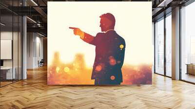 Flat Silhouette Leader Pointing Forward Bokeh Background Leadership Direction Responsibility Future Vision Motivational Business Advertisements Soft Vector Illustration Wall mural