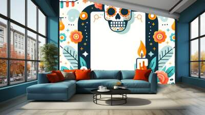 Flat Sugar Skull and Candle Border with Copy Space concept as A border frame with a sugar skull on the top left and a lit candle on the bottom right creating a balanced and serene design with ample co Wall mural