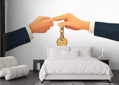 Flat vector hands passing key mid air isolated white background, symbolizing trust opportunity partnership business, smart illustration showing collaboration and support in professional relationships. Wall mural