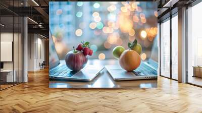 Fruity Cash Flow Management: Two Diligent Fruits Analyzing Cash Flow Charts on Laptops with Soft Abstract Bokeh Background, Showcasing Focused Financial Expertise in Photo Stock Concept Wall mural