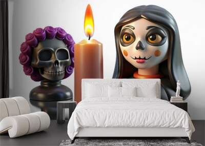 Glossy Candle with Reflective Catrina concept as A close up of a glossy candle placed next to a reflective Catrina figure set against a dark glossy background symbolizing the elegance and spiritual re Wall mural