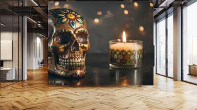 Glossy Sugar Skull with Holographic Candle concept as Close up of a glossy sugar skull beside a holographic candle isolated on a white background offering a vibrant and modern Dia de Muertos themed co Wall mural