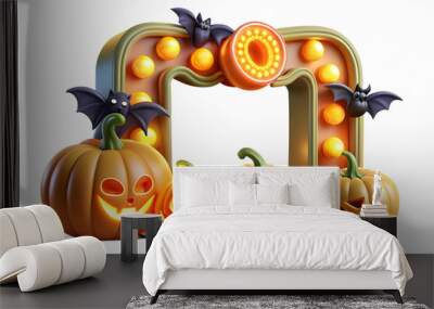 Jack o Lantern and Bat Border with Boo  Text concept as A vibrant border frame featuring glowing jack o lanterns and bats flying around the edges with the word Boo  in a playful font at the top. The d Wall mural