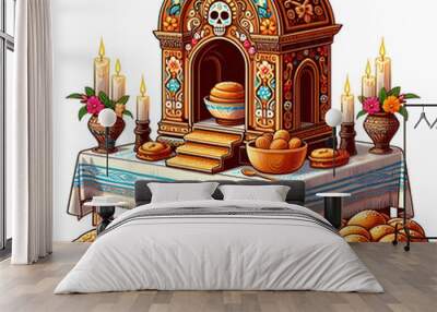 Pan de Muerto and Altar Isolated Vector concept as A vector design featuring a traditional pan de muerto alongside a Dia de Muertos altar both isolated on a white background. This clean illustration h Wall mural